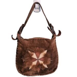 Desmo Native American Style Suede Whipstitch Hobo Bag with Fur